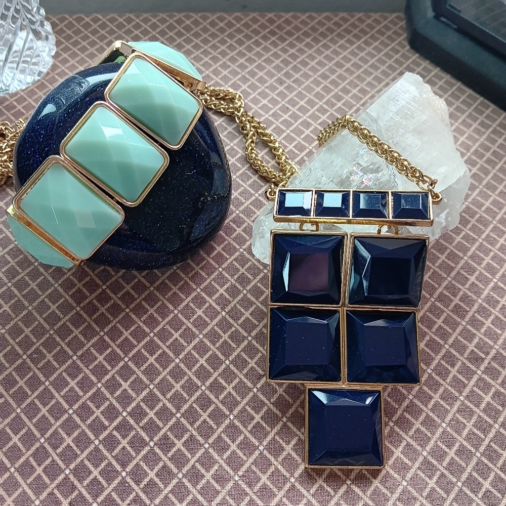 Y2k Navy, Tile-Like Necklace W/ chain & Mint Elastic Stretch Bracelet  Nwots
